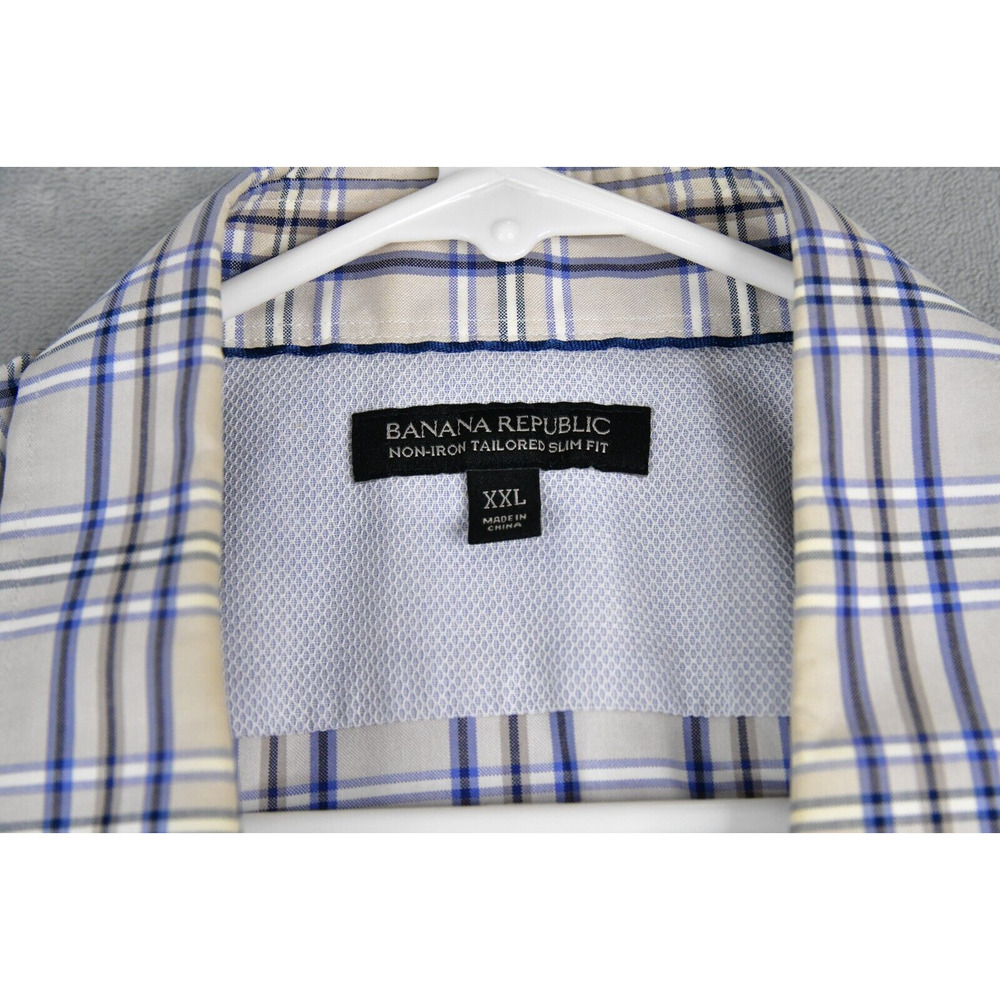 Banana Republic Shirt Men 2XL Slim Beige Blue Non-Iron Plaid Button Up - Picture 2 of 8